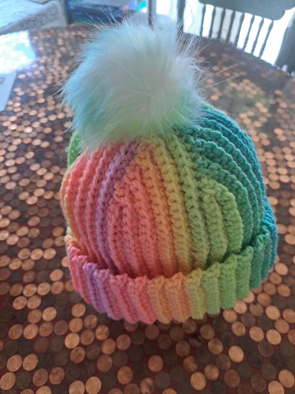 Adult Rainbow Pryde Hand Crochet Pom Beanie - Multicolor One Size